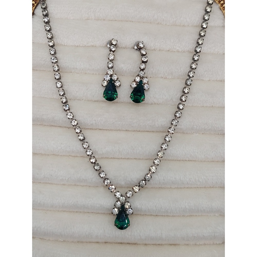 1950s 1960s Rhinestone Necklace Earrings Set Green Teardrop Vintage MCM Glam